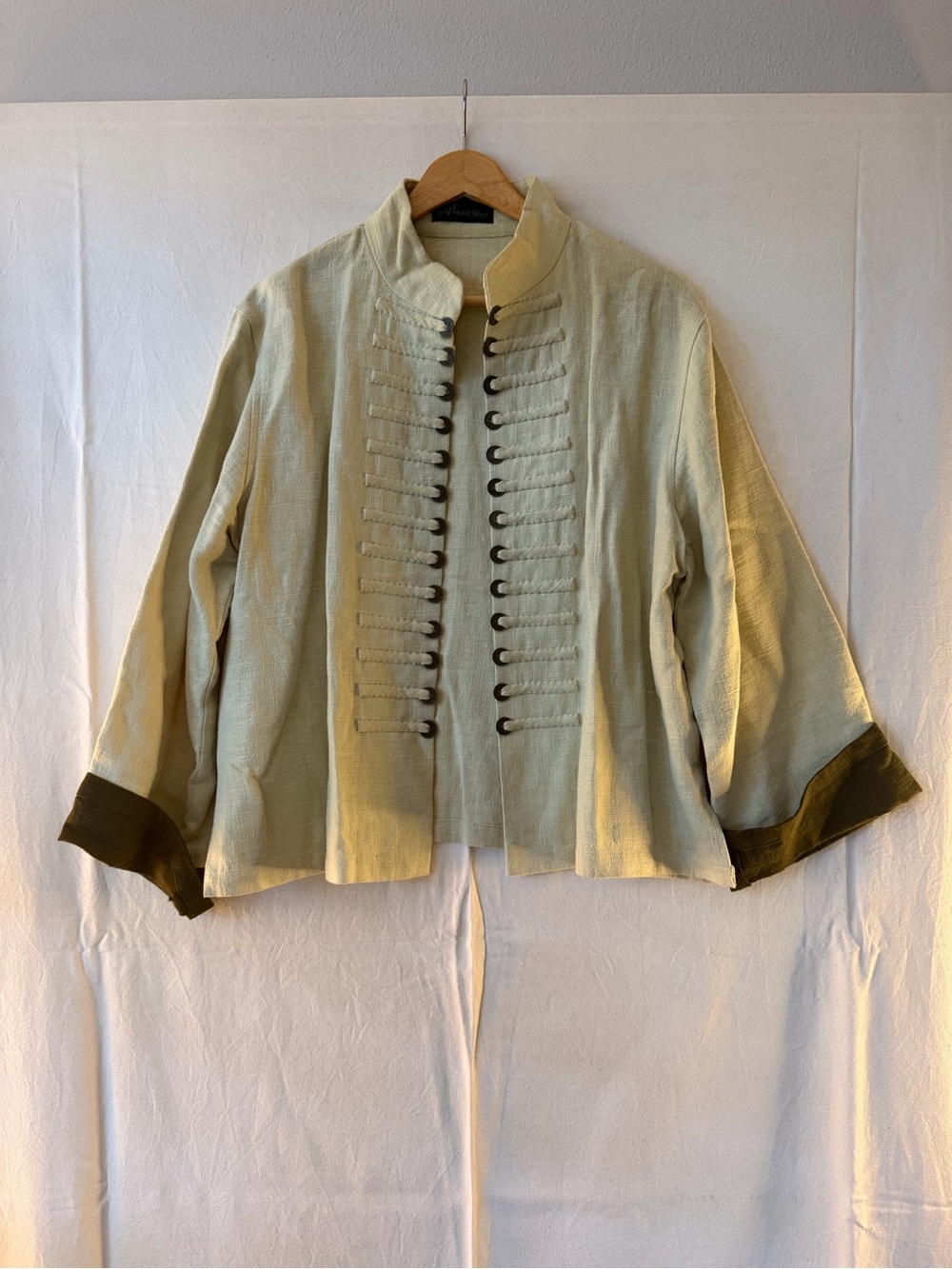 Peacock Ways 100% Linen Military-Inspired Open Front Jacket